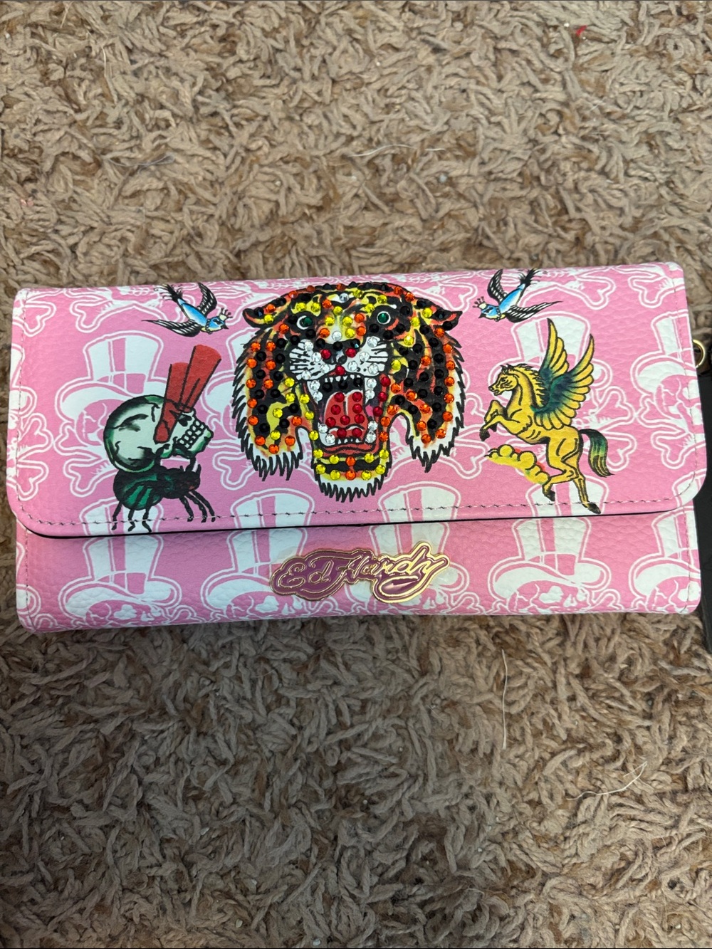 Ed Hardy Pink Flap Wallet With Rhinestone Tiger